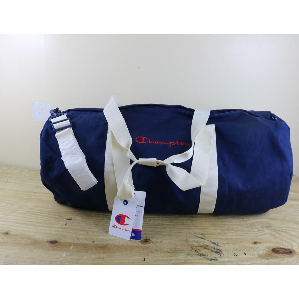 New Champion Bag Mens Large Blue Red Logo Canvas Duffle Adjustable Strap